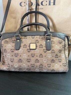 MCM Brown Visetos Logo Dome Satchel with Dark Trim